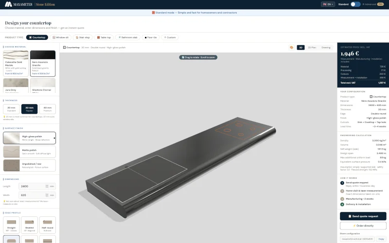 Maxameter 3D product configurator — customer view